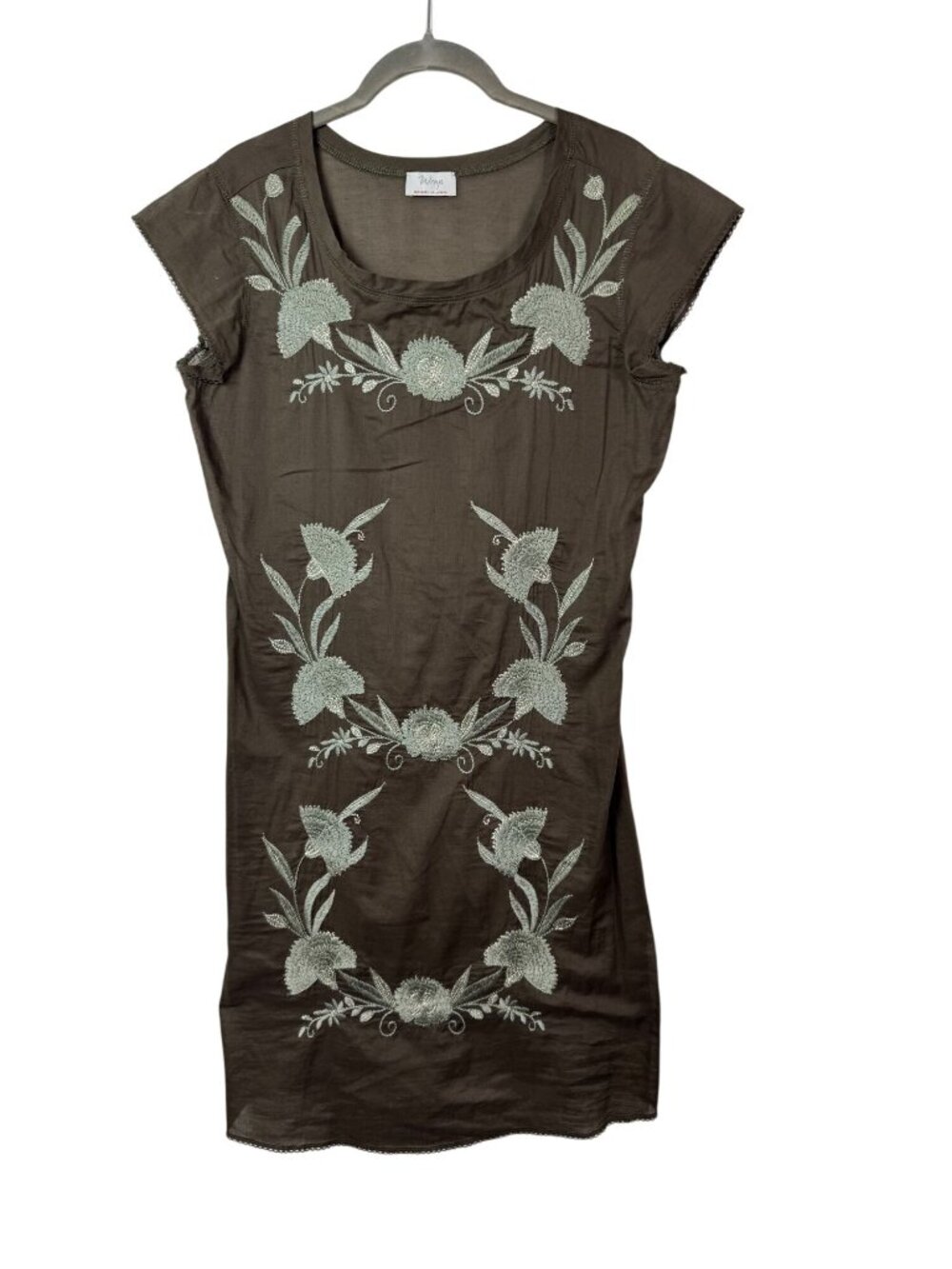 Wrap Olive Green Embroidered Floral Mini sz Dress 4 Boho 100% Cotton Lightweight